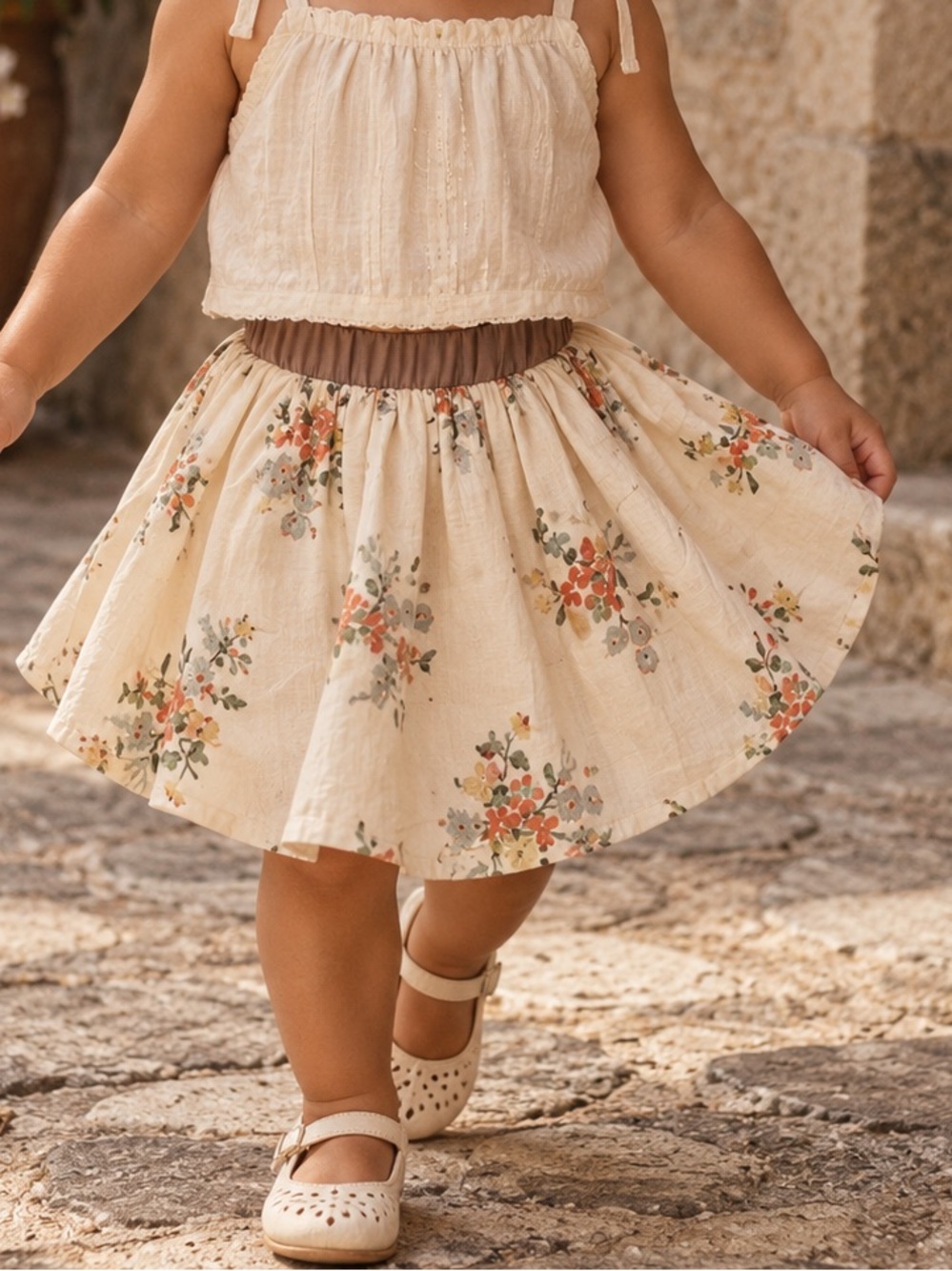 La Poche Toddler Cream Cottage Floral MIDI Full Twirl Skirt Cottagecore Party